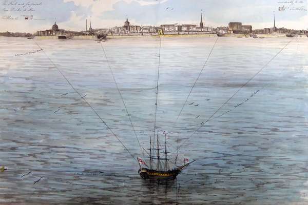 A watercolour sketch of the Liverpool skyline. A ship is sailing by.