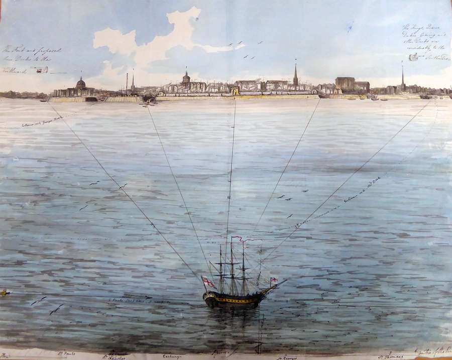A watercolour sketch of the Liverpool skyline. A ship is sailing by.