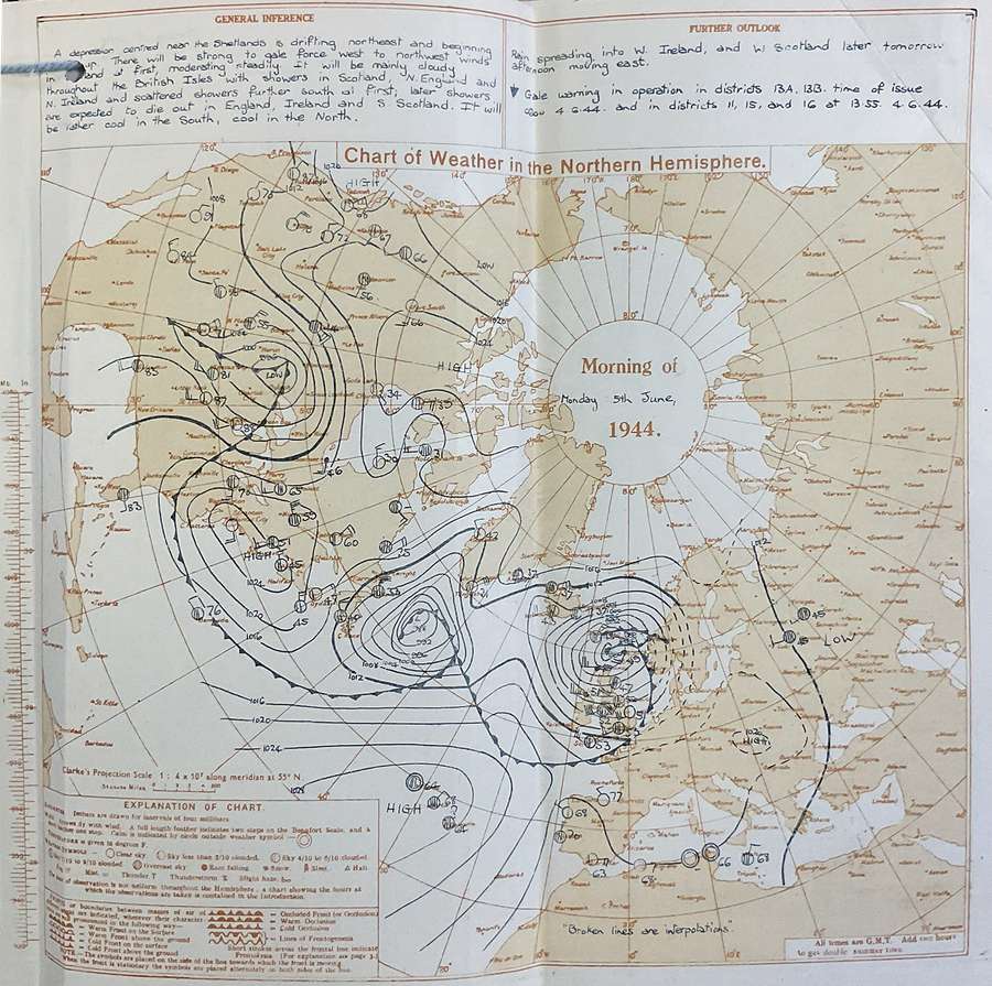 A printed map showing the weather forecast across the Northern Hemisphere for the morning of 5 June 1944.