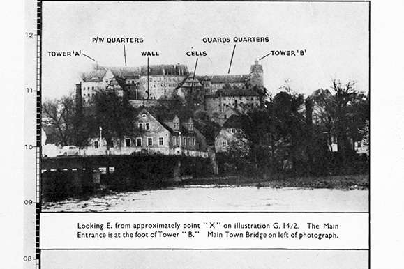 Three back and white photographs of Colditz Castle with areas pointed out including 'cells'.