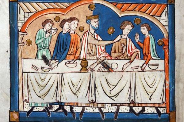 A drawing depicting a King and several people at a table
