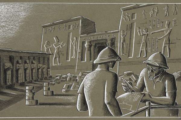 Hand drawn illustration of two archaeologists in Egypt.