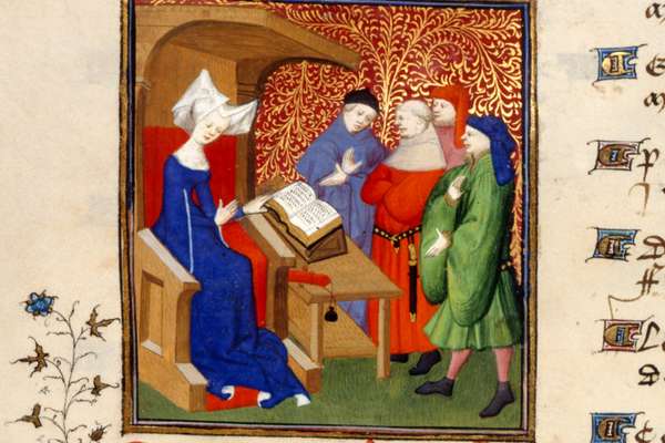 Medieval illustration of a woman reading a book. A group of men stand nearby.