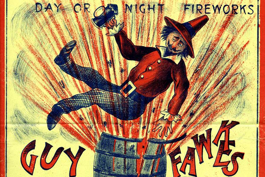 Advertising poster for fireworks showing a cartoon of Guy Fawkes being thrown into the air by an exploding barrel.