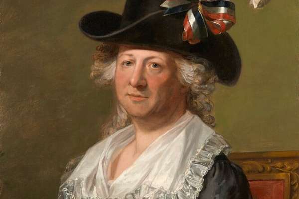 A portrait of the Chevalier d'Eon wearing a plain black silk dress with a large white lace collar.