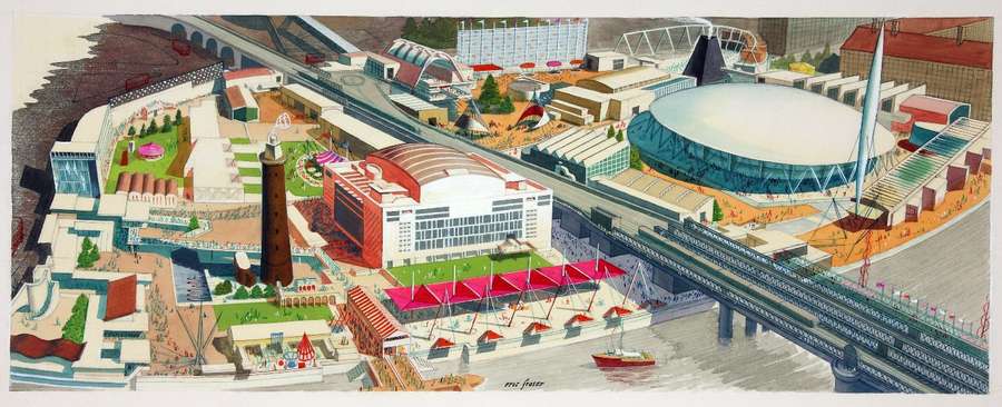 Colourful illustration showing an aerial view of the Festival of Britain structures on London's South Bank.
