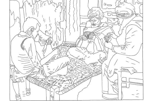 A colouring page of South Asian men playing a card game.