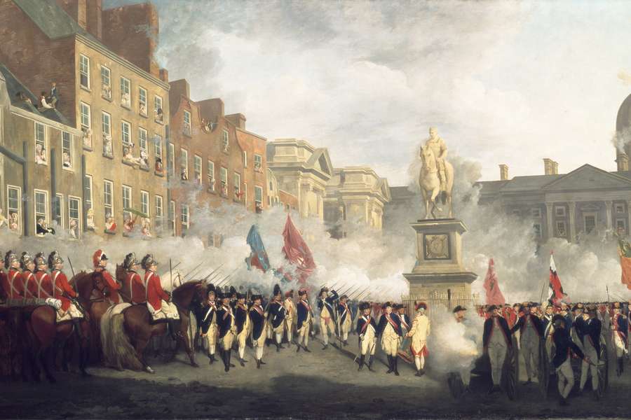 Painting showing troops gathering in a square