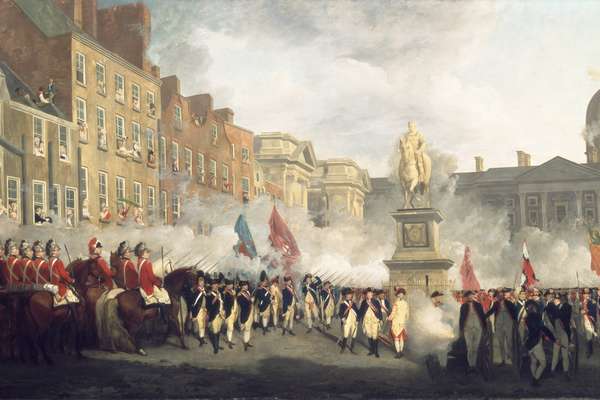 Painting showing troops gathering in a square