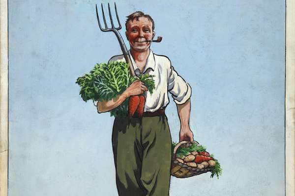Second World War poster showing a happy gardener walking along with his arms full of vegetables.