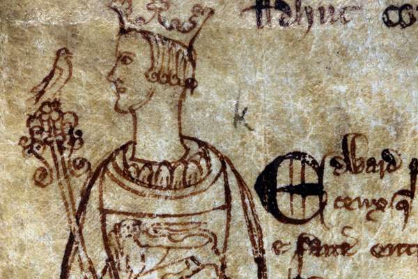 Medieval document with an ink drawing of King Edward I. He wears a crown and holds a sceptre with a bird on the top of it.