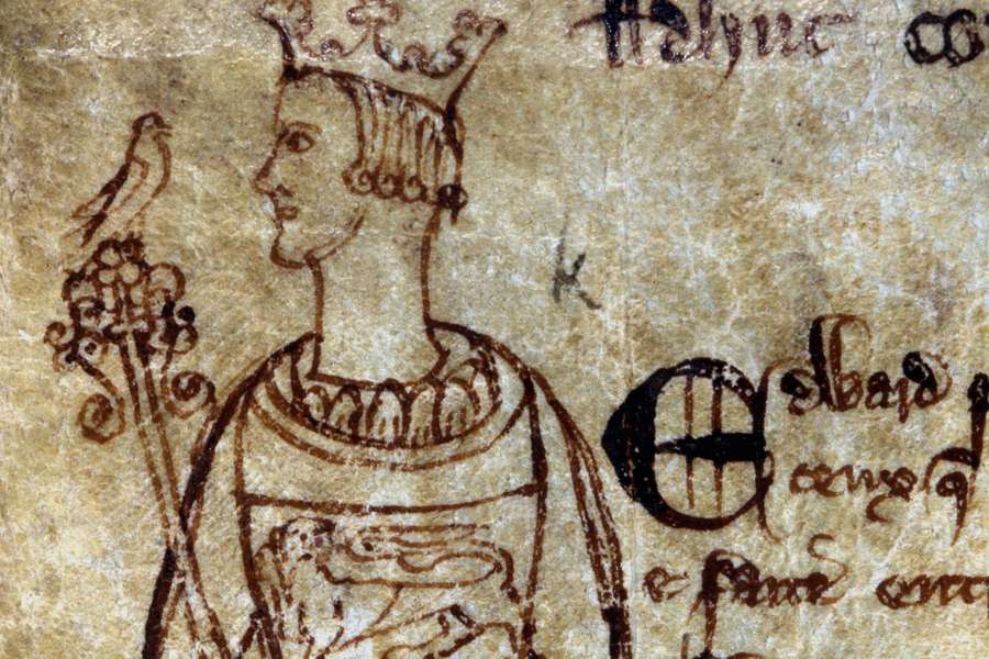 Medieval document with an ink drawing of King Edward I. He wears a crown and holds a sceptre with a bird on the top of it.