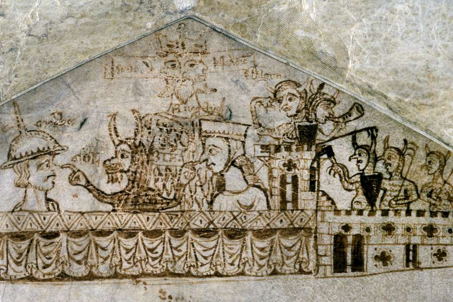 A medieval ink drawing depicts various figures, including a three headed crowned figure in the middle and a person holding scales. In the centre a devil with horns touches the noses of a man and a woman.