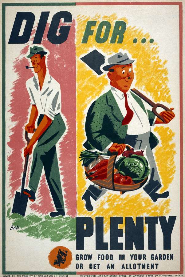 A tall thin man smokes a pipe and digs in the ground. A large plump man carries a spade over his shoulder and holds a basket filled to the brim with vegetables.