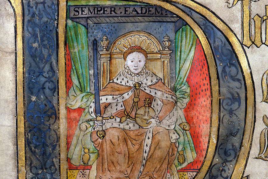 Illustration on a manuscript of Elizabeth I sitting on a throne.