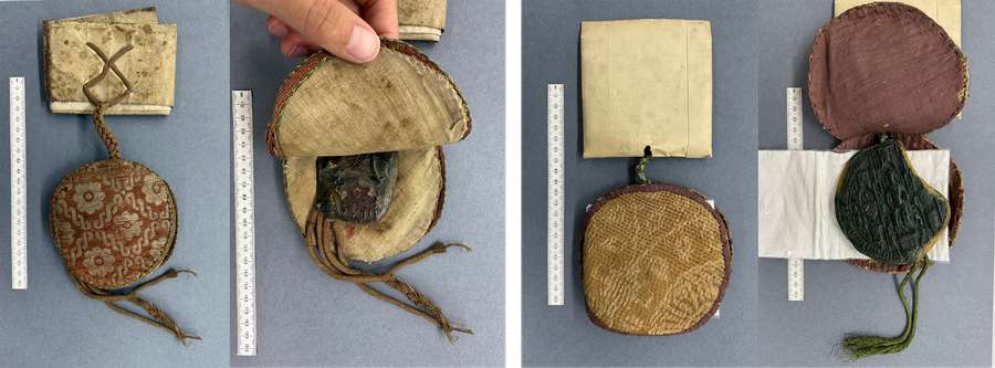 Four images showing the interior and exterior of circular pouches made of patterned fabric. Each pouch is attached to a rectangle of folded paper. The interior images show that the pouches contain wax seals. Each pouch is placed next to a ruler for scale.