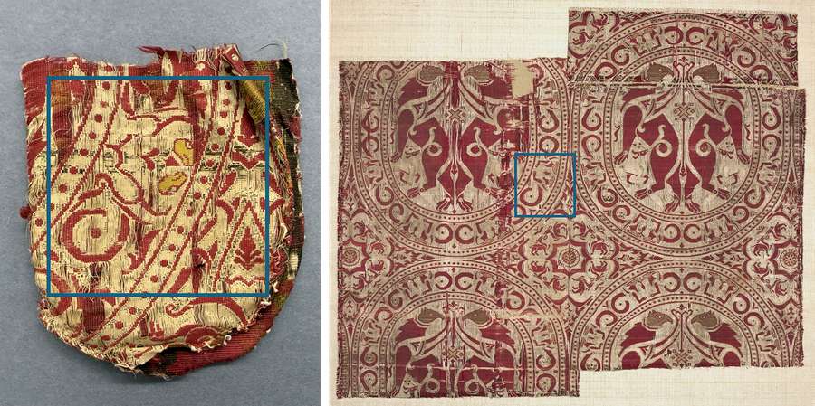Two photographs showing two woven fabrics which share a similar red and gold woven pattern. The left textile fragment is smaller and the right fragment is larger revealing more of the fabric's pattern of circular motifs and griffins.