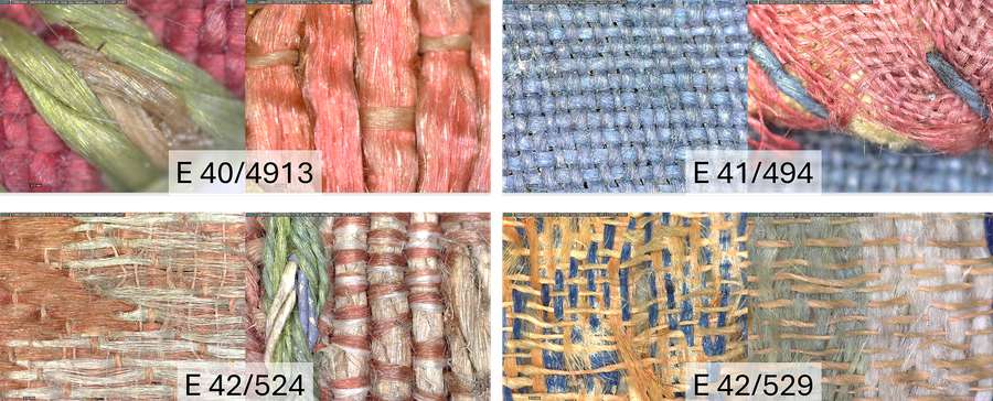 Close up photos of colourful threads each labelled with their corresponding catalogue reference. The images show a variety of weaving patterns and colour combinations.