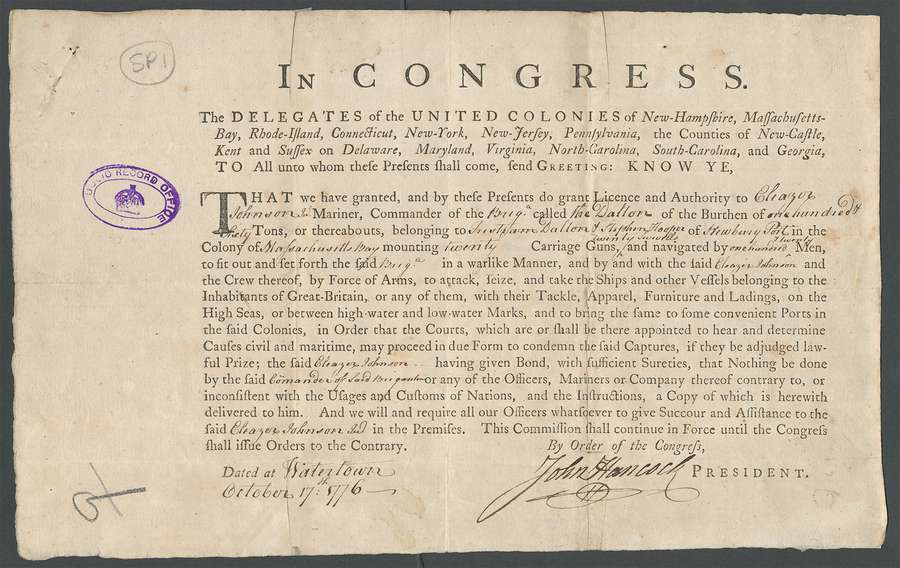 A piece of aged paper showing a printed block of text issued by 'Congress' and the 'Delegates of the United Colonies' of the United States of America. It is signed by 'John Hancock President' and dated 17 October 1776.