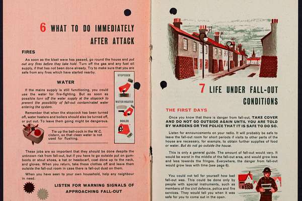 Two pages from a booklet including text and illustrations of a normal terraced street, a water cistern and a soldier holding a piece of measuring equipment.