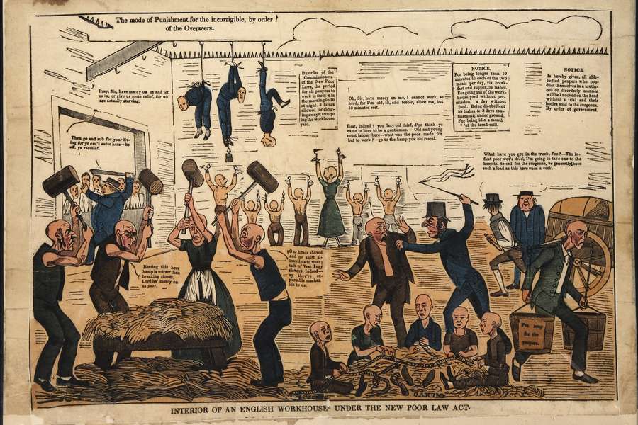 Cartoon showing a workhouse