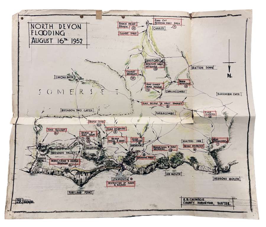 A hand drawn map of Lynmouth after the flood