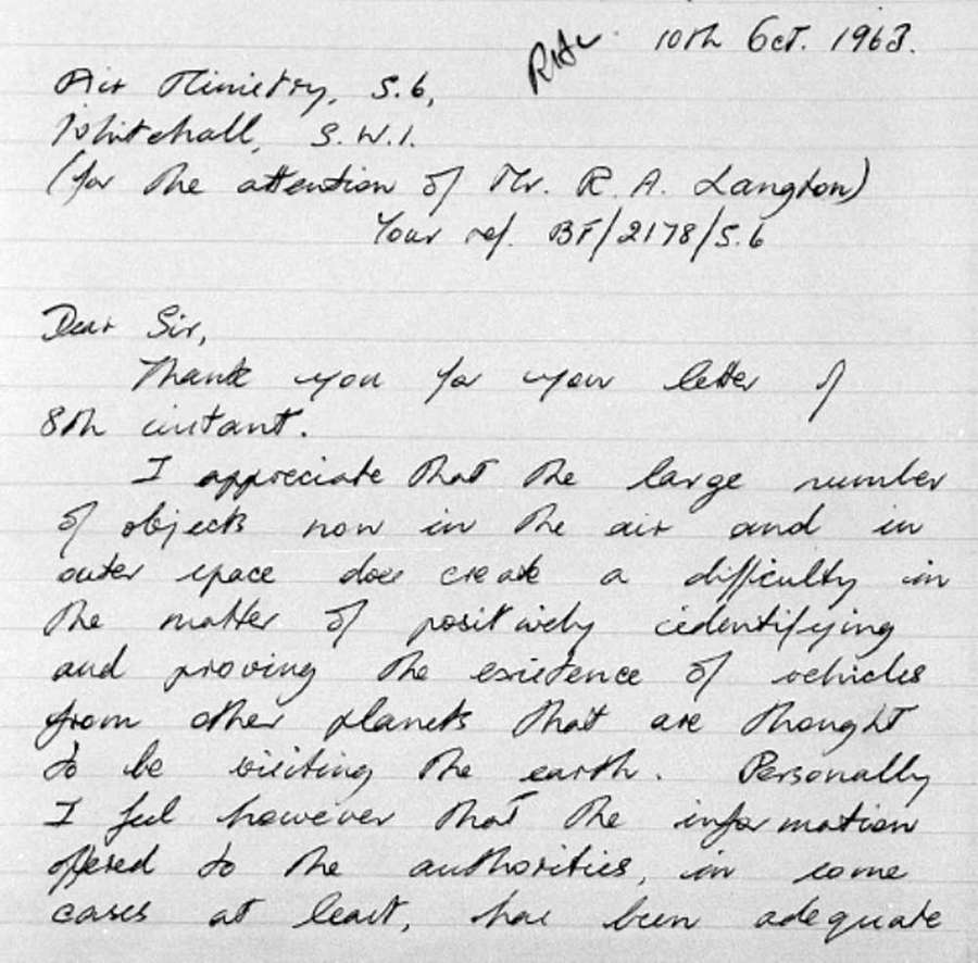 Handwritten letter addressed to the Air Ministry, Whitehall discussing 'the existence of vehicles from other planets'.