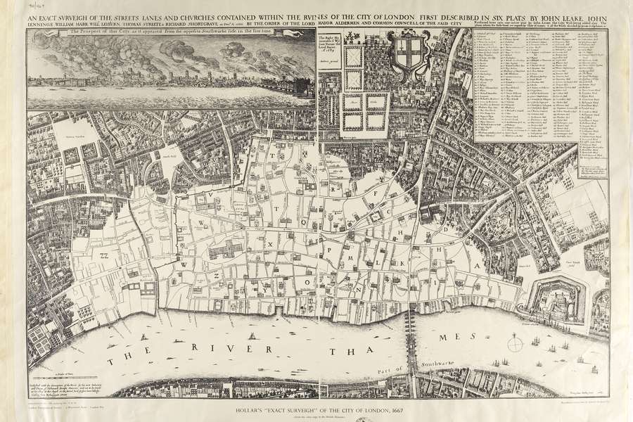 An old map showing the area of London around St Pauls. A large area is shown in a lighter colour to denote where it was destroyed by the Great Fire.