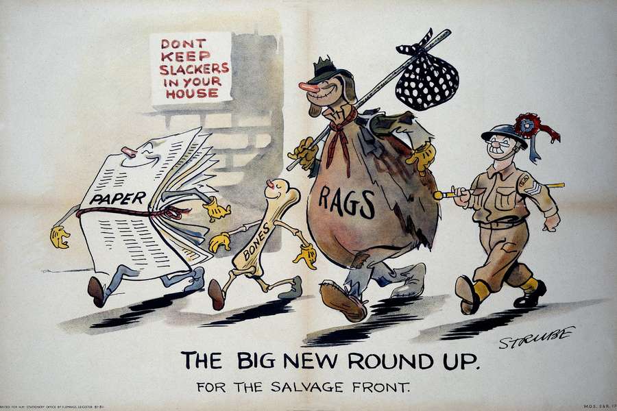Four characters are shown walking in line with a sense of purpose. They include a newspaper with legs, arms and hands with yellow gloves, a bone with legs, arms and hands with yellow gloves and large cloth bag with a head made out from rags.
