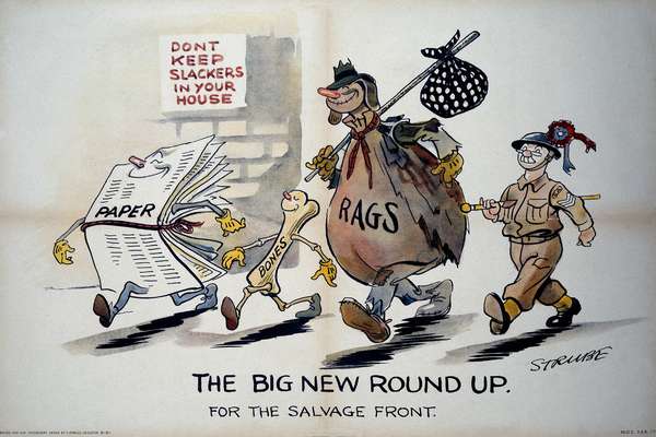 Four characters are shown walking in line with a sense of purpose. They include a newspaper with legs, arms and hands with yellow gloves, a bone with legs, arms and hands with yellow gloves and large cloth bag with a head made out from rags.