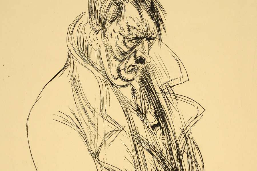 A scratchy pen illustration of Adolf Hitler. He is looking down with a pronounced scowl on his face.