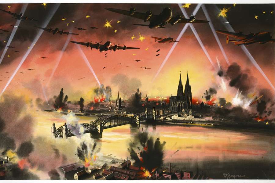 Vibrant illustration of bomber planes flying over a city on fire. Search lights reach into the sky.