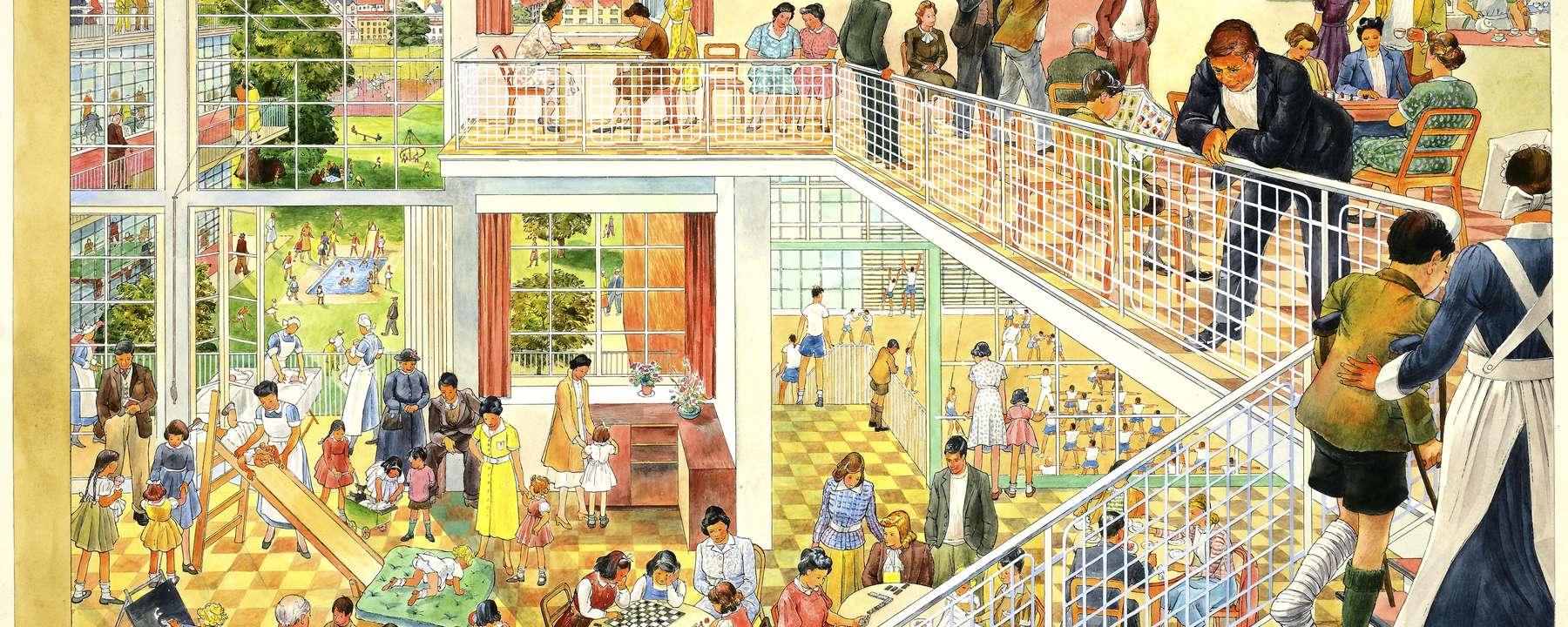 An illustration of a bright community centre with lots of people performing various roles.