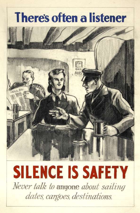 Two sailors are talking in a public bar while seated at a table. There is another man seated behind them. He appears to be listening to them as he reads a newspaper.