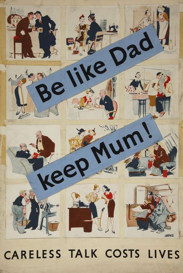 The poster is divided into twelve squares each showing human figures talking in different settings including a pub, an office, a cafe and a train.