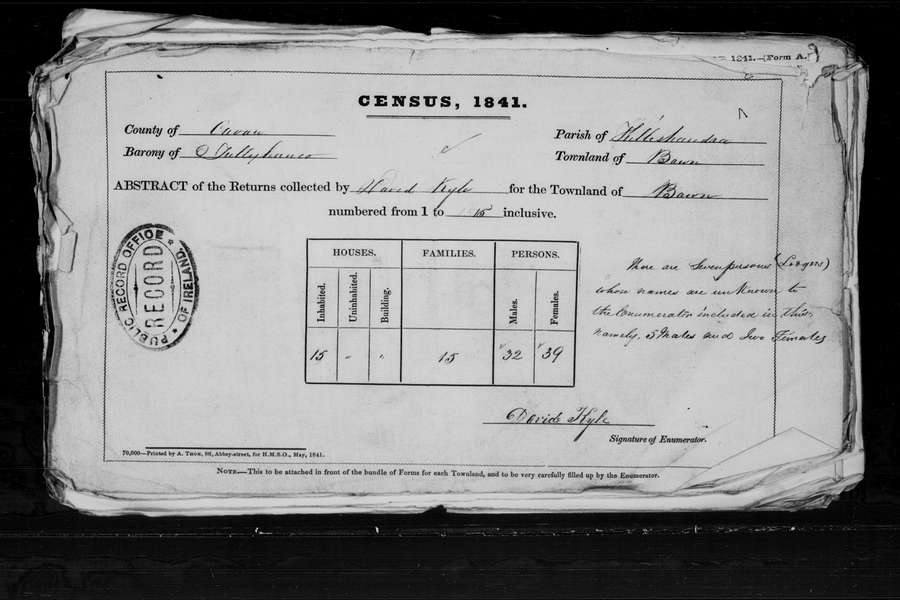 Front page of Irish census, black and white text