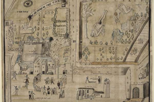 Map showing two deceased bodies in a garden, a body being carried away, a funeral, and a man saying  ‘Judge and revenge my cause, O Lord'.