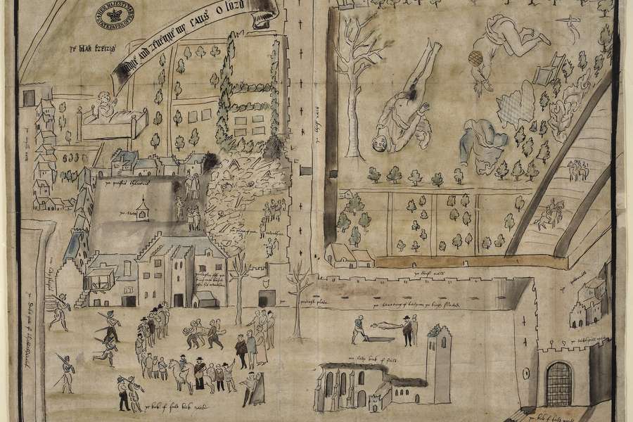 Map showing two deceased bodies in a garden, a body being carried away, a funeral, and a man saying  ‘Judge and revenge my cause, O Lord'.