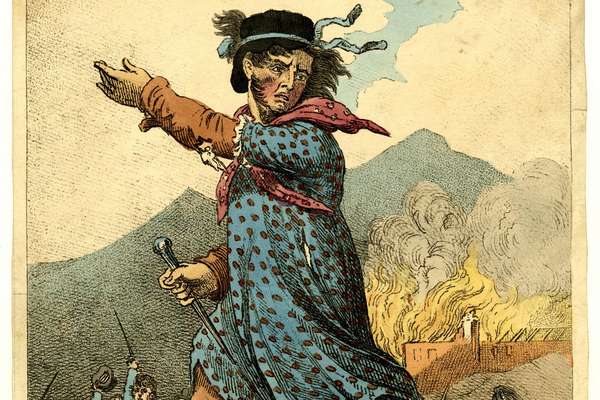 Satirical cartoon of an agitator wearing a woman's bonnet and dress gesturing in front of a burning building with a crowd waving knives and guns.
