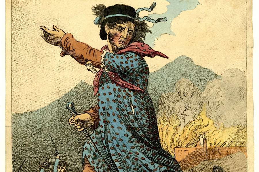 Satirical cartoon of an agitator wearing a woman's bonnet and dress gesturing in front of a burning building with a crowd waving knives and guns.