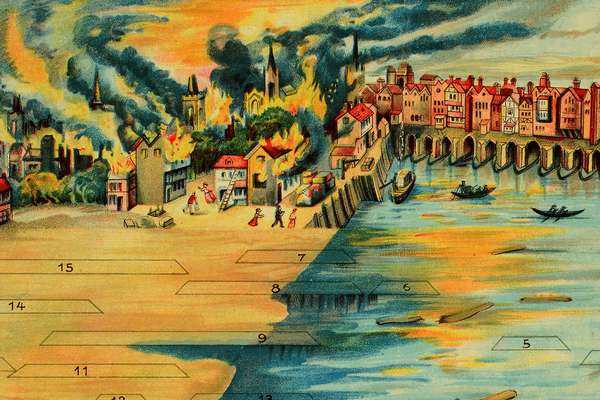 Illustration of London Bridge with buildings tightly packed on top of it. On one side of the River Thames, the buildings are on fire.