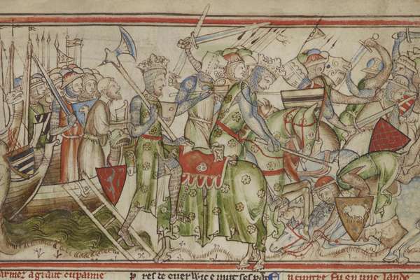 A drawing depicting The arrival of King Harald of Norway and his defeat of the Northumbrians at Fulford.