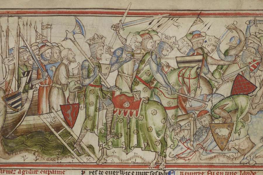 A drawing depicting The arrival of King Harald of Norway and his defeat of the Northumbrians at Fulford.