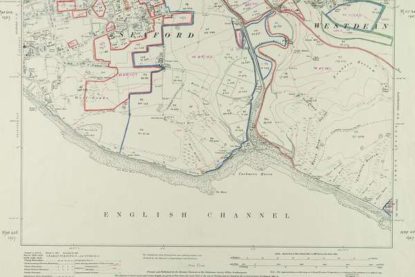 A map of farmland found in East Sussex running across Seaford and Westdean through to the English Channel.