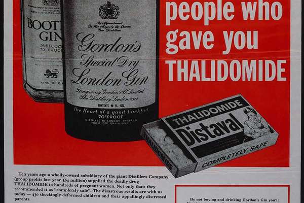 A poster urging people to boycott Gordon's and Booth's for their connection to Distillers Company.