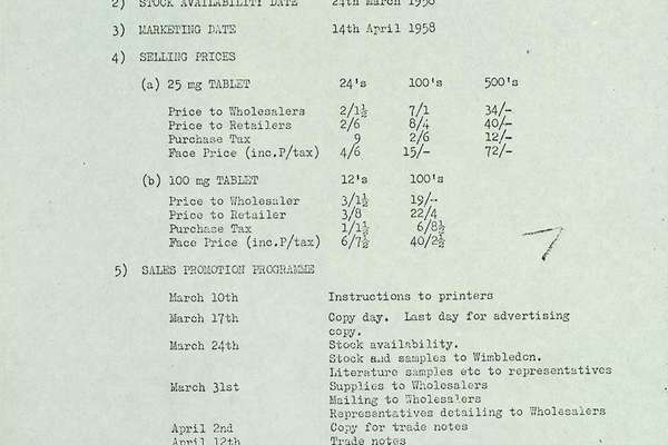 Typed document listing the marketing plans, wholesale and retail prices of thalidomide.