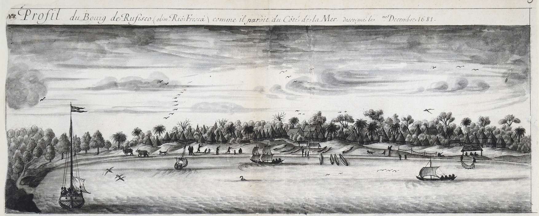 An illustration of a village from the sea with boats in the harbour.