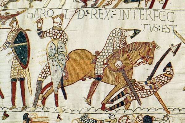 A section of the Bayeux Tapestry showing English Harold Godwinson falling at Hastings