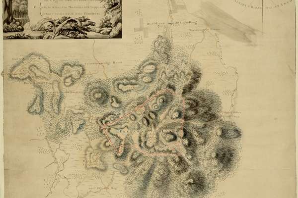 Map of Jamaica showing a hilly forested area called Trelawny Land.