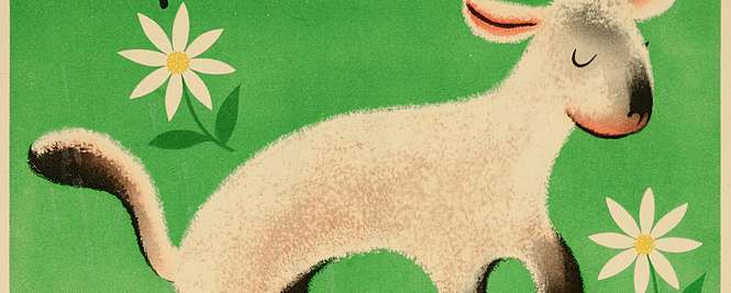 Poster features a lamb, four hooves elevated in a skipping gesture, on a hill where daisies grow